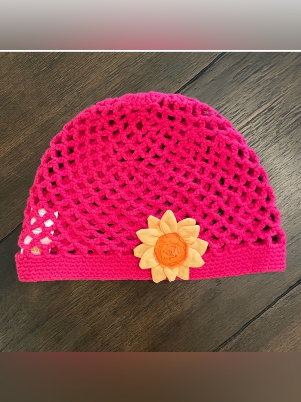 Gymboree, Sunshine Smiles Pink Crochet Hat with Yellow Sunflower, size 5-7